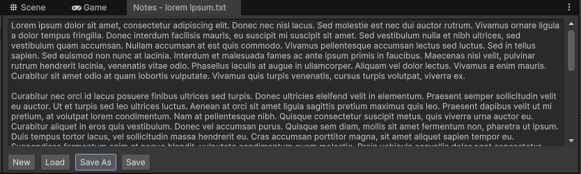 Unity EditorNotes window showing example project notes using Lorem Ipsum placeholder text