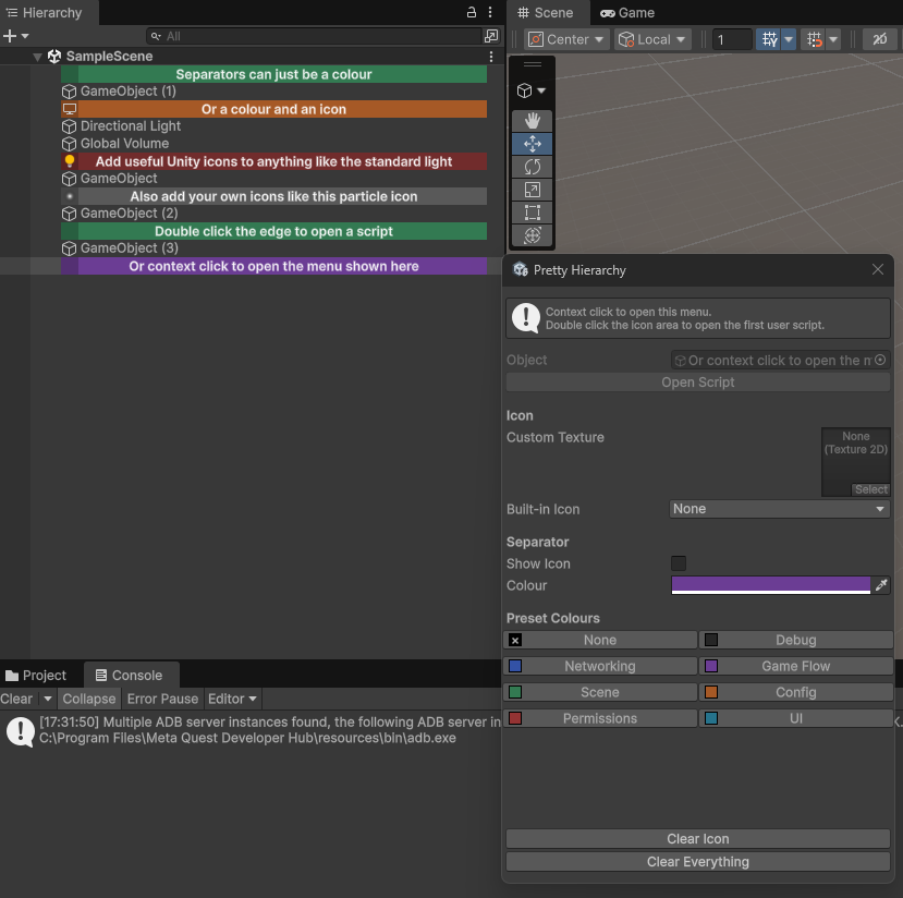 Pretty Hierarchy showing custom icons and coloured separators inside the Unity Hierarchy